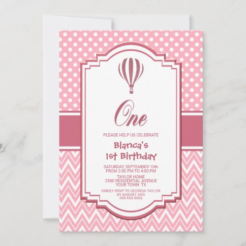 1st Birthday Pink and White Hot Air Balloon Party Invitation