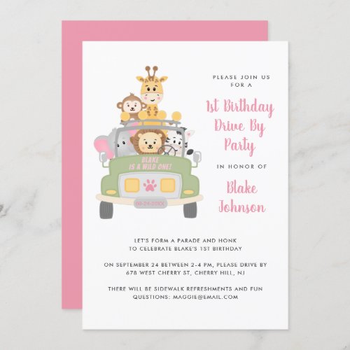 1st Birthday Pink Animal Safari Drive By Party Invitation