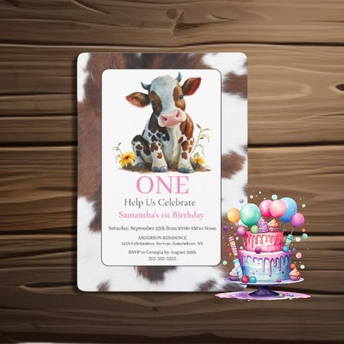  1st Birthday Pink Baby Cow Invitation 