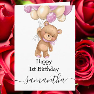1st birthday pink balloon teddy girl card
