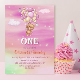 Cute Teddy Bear with Cake Birthday Invitation Card
