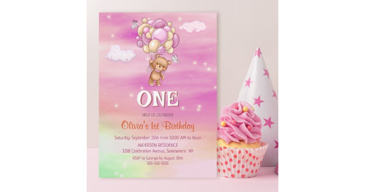 1st Birthday Pink Balloons Teddy Bear Invitation | Zazzle