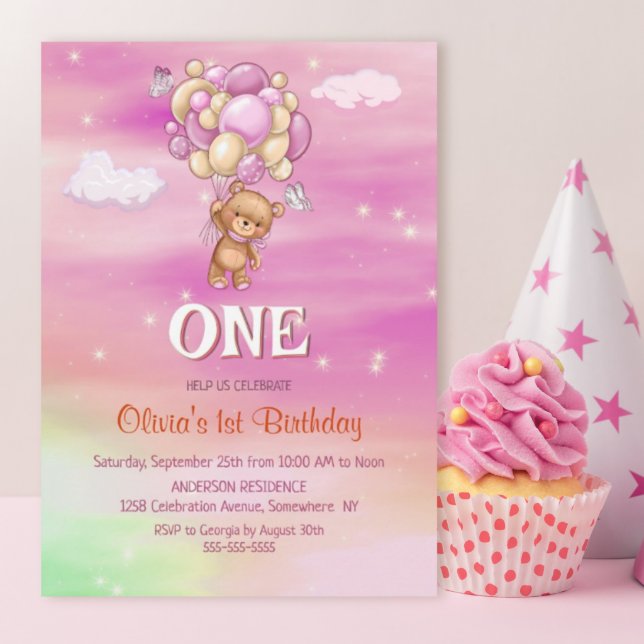 1st Birthday Pink Balloons Teddy Bear  Invitation