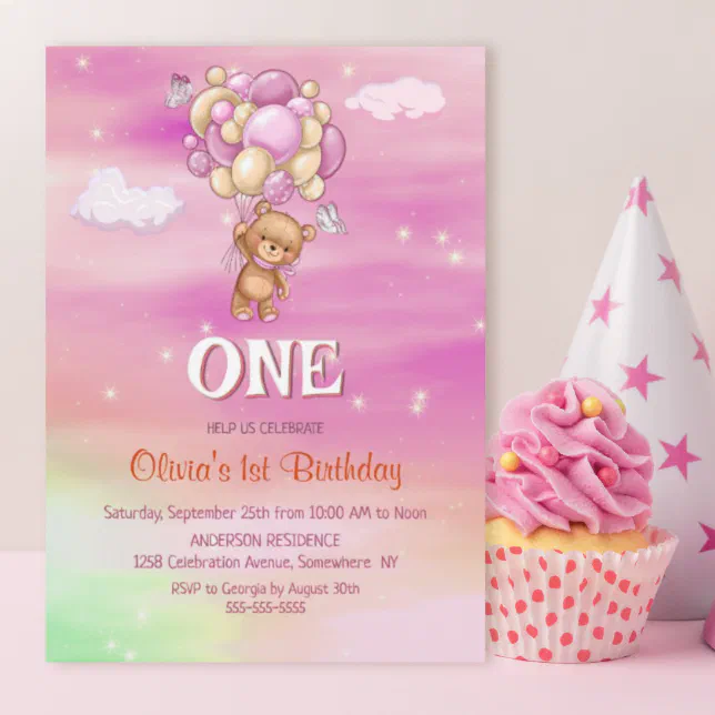 1st Birthday Pink Balloons Teddy Bear Invitation | Zazzle