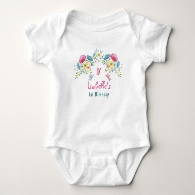 1st Birthday Pink Blue Butterflies and Flowers Baby Bodysuit (Front)