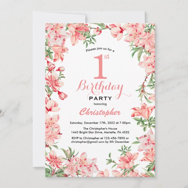 1st Birthday Pink Boho Botanical Floral Flowers Invitation (Front)