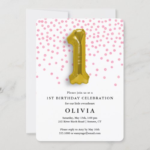 1st Birthday Pink Confetti and Gold Balloon Invitation
