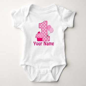 1st Birthday Pink Cupcake Personalized Baby Bodysuit by mybabytee at Zazzle