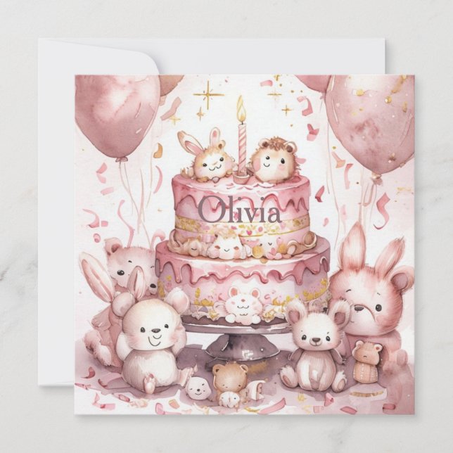 1st Birthday Pink Cute Animals Girl Name Card (Front)
