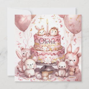 1st Birthday Pink Cute Animals Girl Name Card
