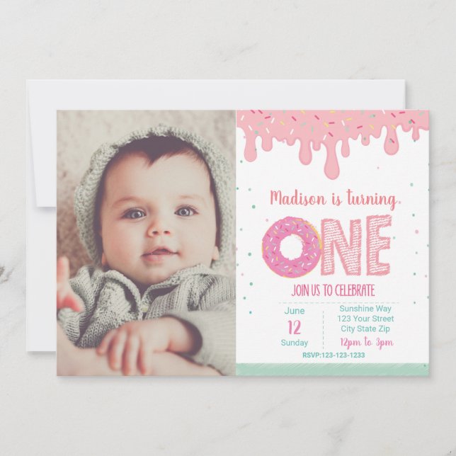 1st Birthday Pink Donut Invitation with picture (Front)