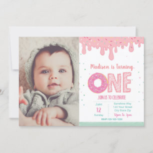 1st Birthday Pink Donut Invitation with picture
