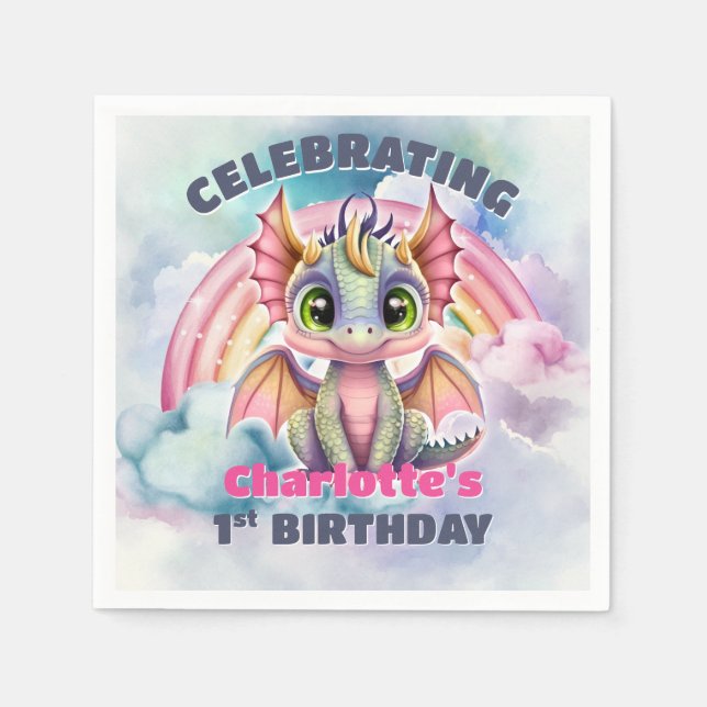 1st Birthday Pink Dragon Party Napkins (Front)