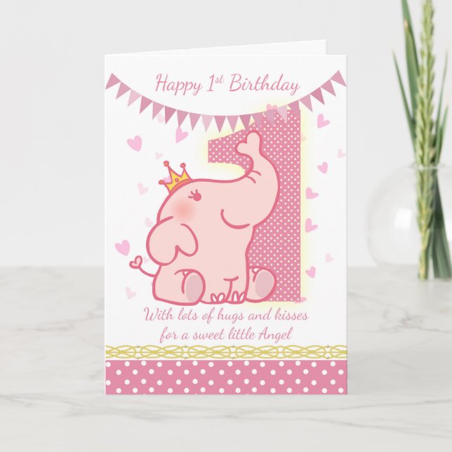 1st Birthday Pink Elephant Card, Babys 1st Card (Front)
