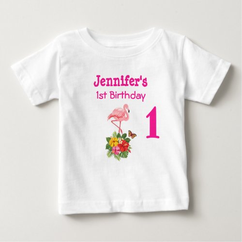 1st Birthday Pink Flamingo  Tropical Hibiscus Baby T_Shirt