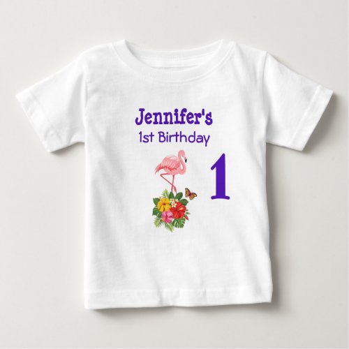 1st Birthday Pink Flamingo  Tropical Hibiscus Baby T_Shirt