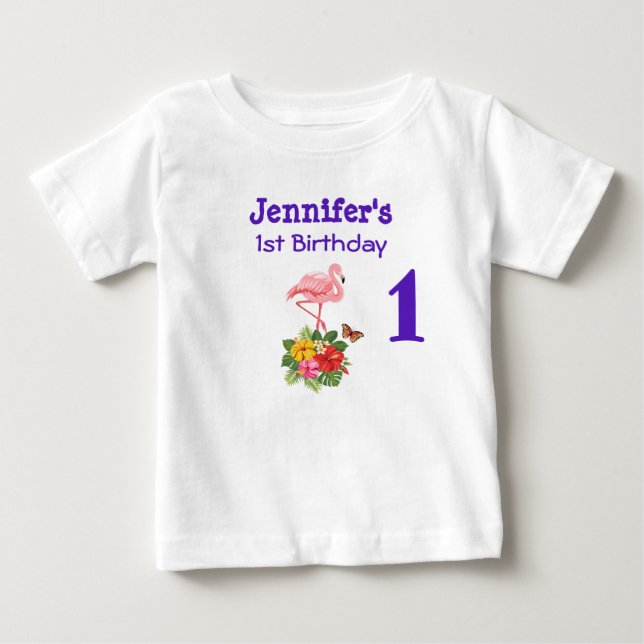 1st Birthday Pink Flamingo & Tropical Hibiscus Baby T-Shirt (Front)