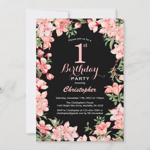 1st Birthday Pink Floral Flowers Black Background Invitation