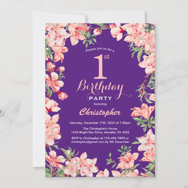 1st Birthday Pink Floral Flowers Purple Violet Invitation (Front)