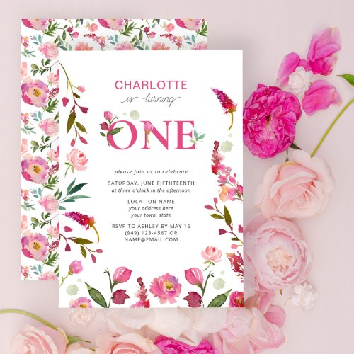 1st Birthday Pink Floral Watercolor Is Turning One Invitation