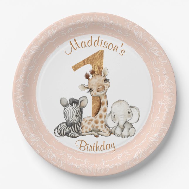 1st Birthday Pink Girl Safari Paper Plates (Front)