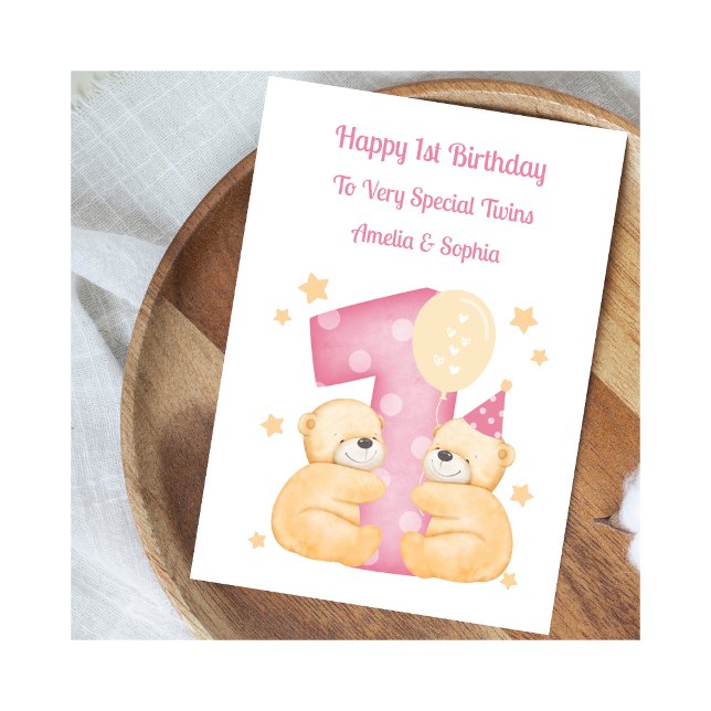 1st Birthday Pink Girl Twins Teddy Bear Card (Creator Uploaded)