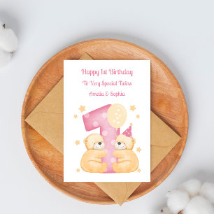 1st Birthday Pink Girl Twins Teddy Bear Card