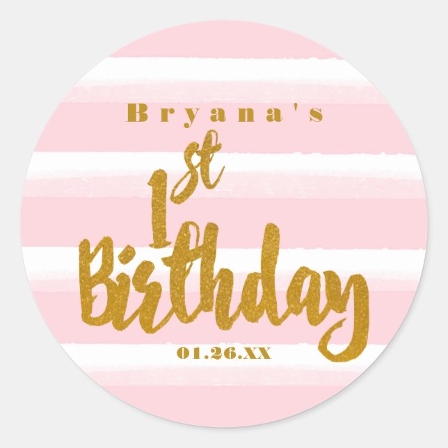 1st Birthday Pink & Gold Foil Watercolor Sticker (Front)