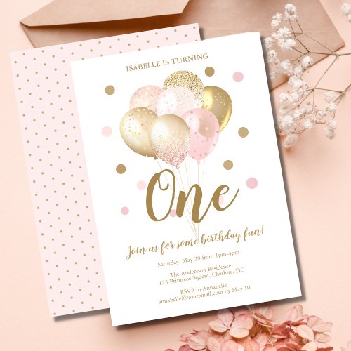 1st Birthday Pink Gold Glitter Balloons Party Invitation