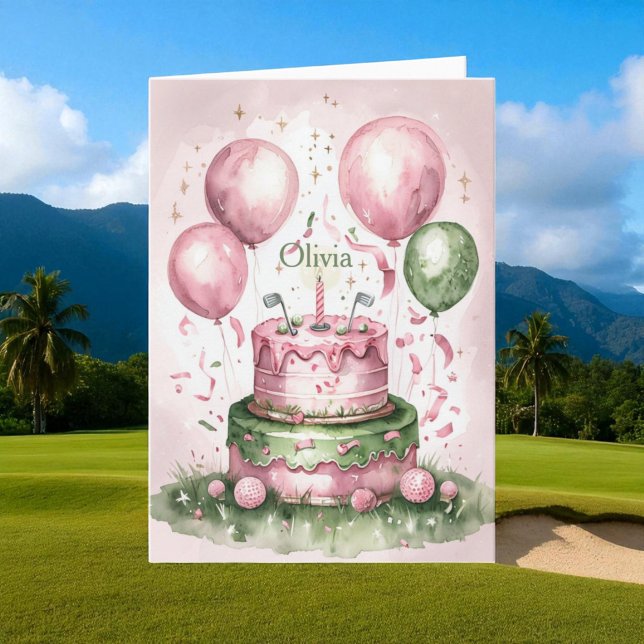 1st Birthday Pink Green Cute Golfer Girl Name Card (Creator Uploaded)