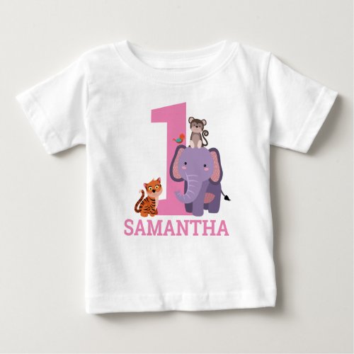 1st Birthday Pink Jungle Animals Girl Baby T_Shirt