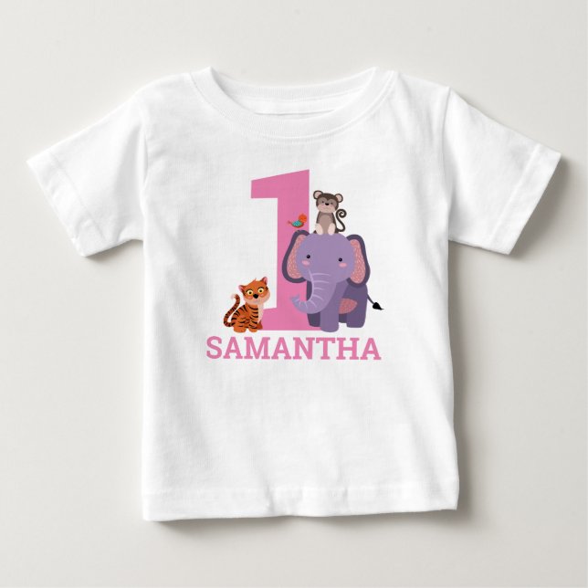 1st Birthday Pink Jungle Animals Girl Baby T-Shirt (Front)