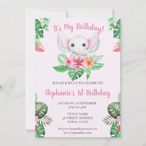 1st Birthday Pink Jungle Elephant Baby Girl Invitation