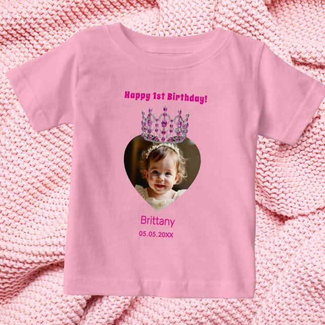 1st Birthday pink name photo tiara baby girl T-Shirt (Creator Uploaded)
