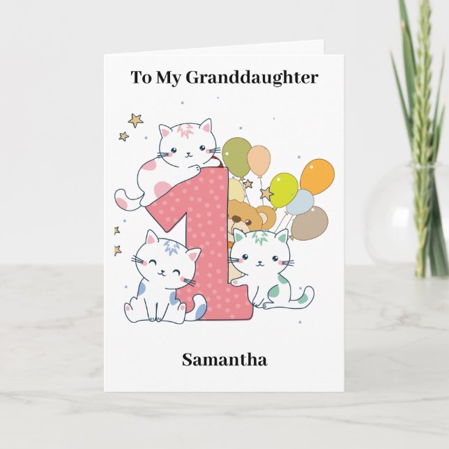 1st Birthday Pink One Cats Balloons Granddaughter Card (Front)
