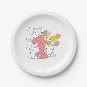 1st Birthday Pink One Cats Balloons Paper Plates