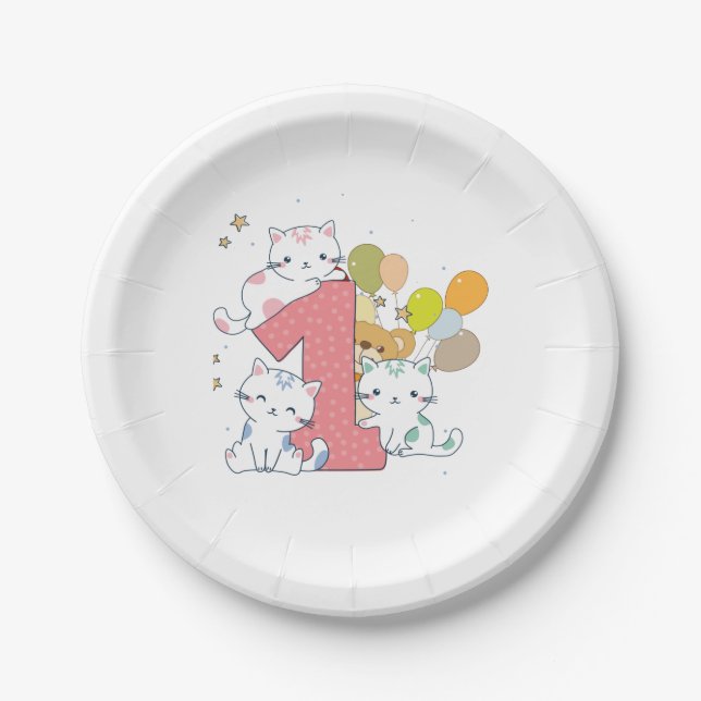 1st Birthday Pink One Cats Balloons Paper Plates (Front)