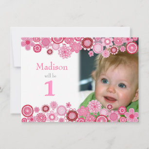 1st Birthday Pink Party Invitation Photo Card