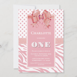 1st Birthday Pink Polka Dot and Zebra Stripe Party Invitation