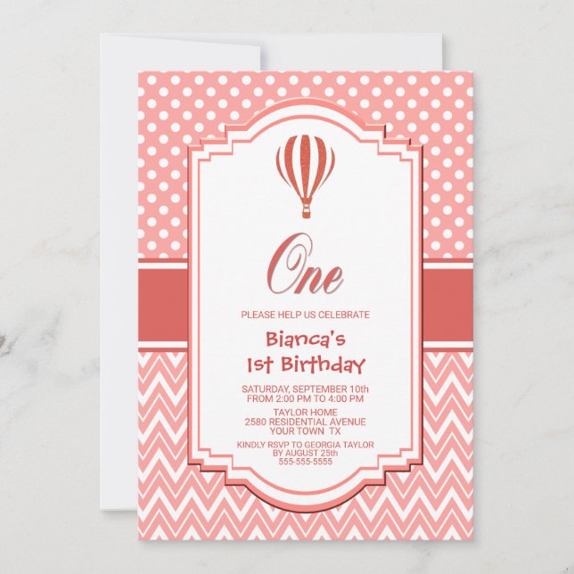 1st Birthday Pink Polka Dot Hot Air Balloon Party Invitation (Front)
