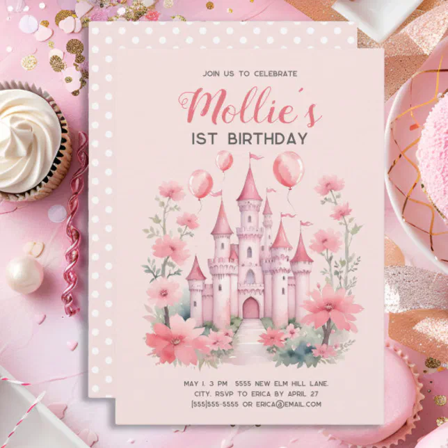 1st Birthday Pink Princess Castle Balloons Invitation | Zazzle