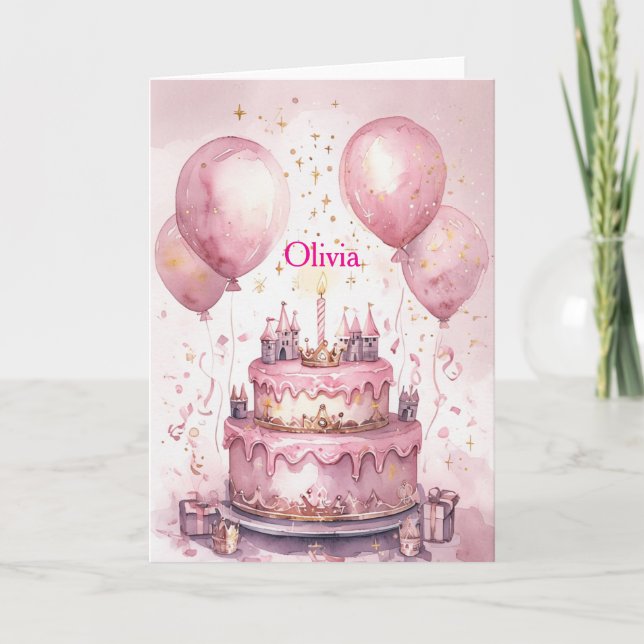 1st Birthday Pink Princess Castle Girl Name Card (Front)