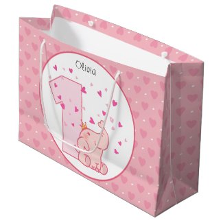 1st Birthday Pink Princess Elephant Party Large Gift Bag