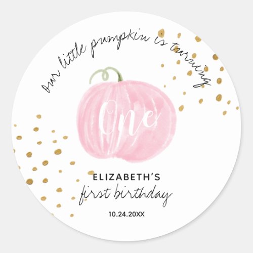  1st Birthday Pink Pumpkin Gold  Classic Round Sticker
