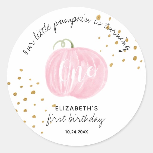  1st Birthday Pink Pumpkin Gold  Classic Round Sticker (Front)