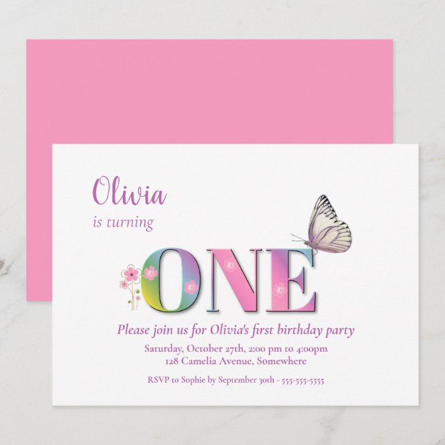 1st Birthday Pink Rainbow Flowers & Butterfly Part Invitation (Front/Back)