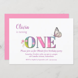 1st Birthday Pink Rainbow Flowers & Butterfly Part Invitation