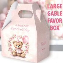1st Birthday Pink Roses Cute Bear Large Gable Favor Boxes