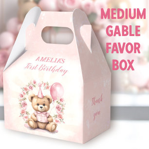 1st Birthday Pink Roses Cute Bear Medium Gable Favor Boxes