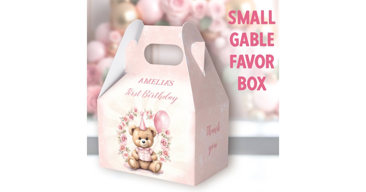 1st Birthday Pink Roses Cute Teddy Bear Favor Boxes | Zazzle